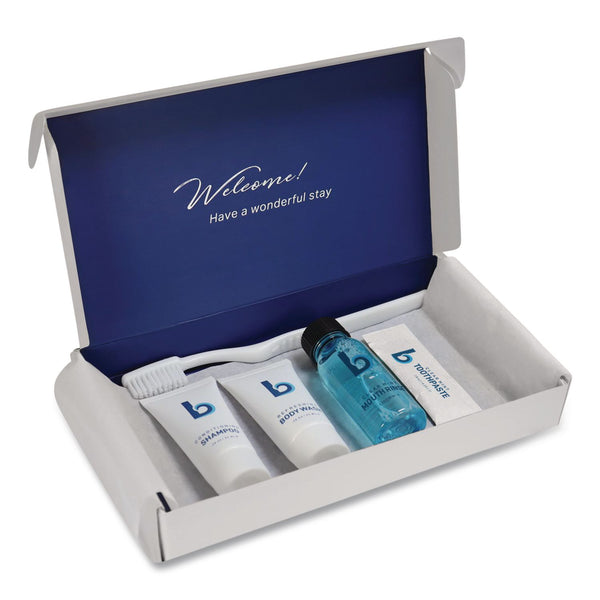 Boardwalk® Amenities Kit, Mouth Rinse, Toothbrush, Toothpaste, Body Wash, Shampoo, Green Tea Lemongrass, 12 Kits/Carton (BWKAMENKIT) Case of 12
