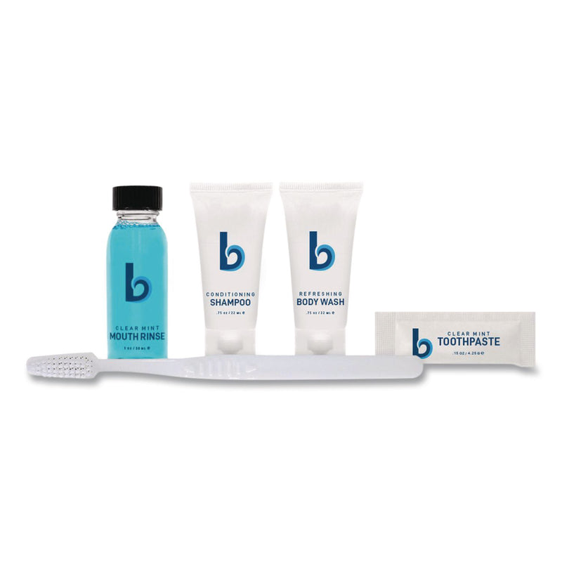 Boardwalk® Amenities Kit, Mouth Rinse, Toothbrush, Toothpaste, Body Wash, Shampoo, Green Tea Lemongrass, 12 Kits/Carton (BWKAMENKIT) Case of 12