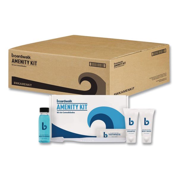 Boardwalk® Amenities Kit, Mouth Rinse, Toothbrush, Toothpaste, Body Wash, Shampoo, Green Tea Lemongrass, 12 Kits/Carton (BWKAMENKIT) Case of 12