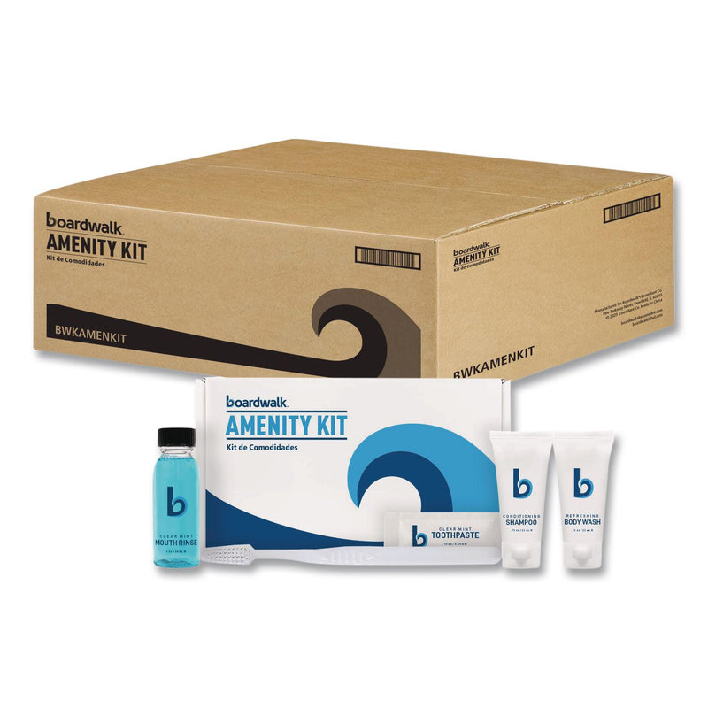 Boardwalk® Amenities Kit, Mouth Rinse, Toothbrush, Toothpaste, Body Wash, Shampoo, Green Tea Lemongrass, 12 Kits/Carton (BWKAMENKIT) Case of 12