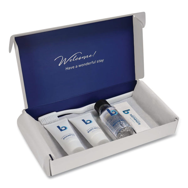 Boardwalk® Amenities Kit, Mouth Rinse, Toothbrush, Toothpaste, Body Wash, Shampoo, Unscented, 12 Kits/Carton (BWKAMENKITLA) Case of 12