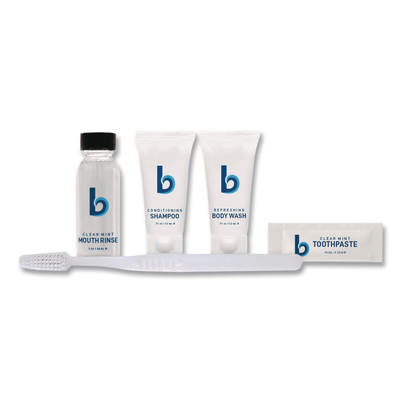 Boardwalk® Amenities Kit, Mouth Rinse, Toothbrush, Toothpaste, Body Wash, Shampoo, Unscented, 12 Kits/Carton (BWKAMENKITLA) Case of 12