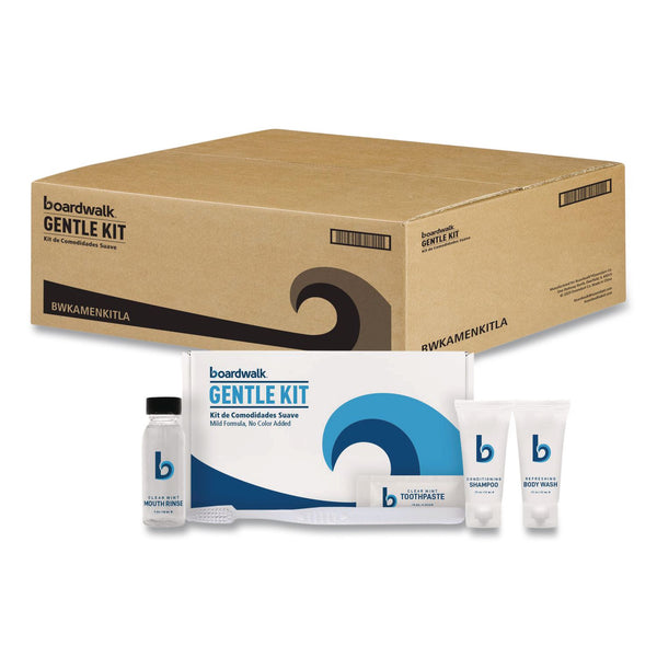 Boardwalk® Amenities Kit, Mouth Rinse, Toothbrush, Toothpaste, Body Wash, Shampoo, Unscented, 12 Kits/Carton (BWKAMENKITLA) Case of 12
