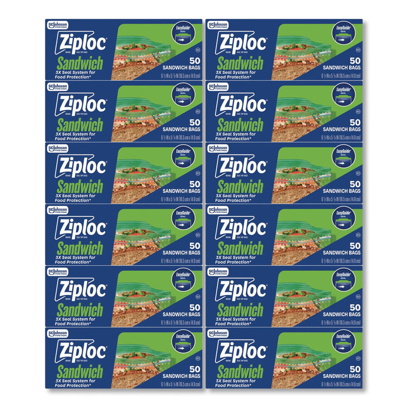 Ziploc® Resealable Sandwich Bags, 6.5" x 5.88", Clear, 50 Bags/Box, 12 Boxes/Carton (SJN383179) Case of 600