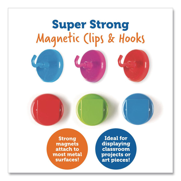 Learning Resources® Super Strong Magnetic Clips and Hooks, Small, 1.5" Diameter, Assorted Colors, 3 Clips/3 Hooks (LRNLER2691) Each