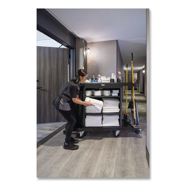 Rubbermaid® Commercial Full-Size Housekeeping Cart, Plastic, 3 Shelves, 1 Bin, 24.4 x 62.4 x 49, Black (RCP2202581) Each