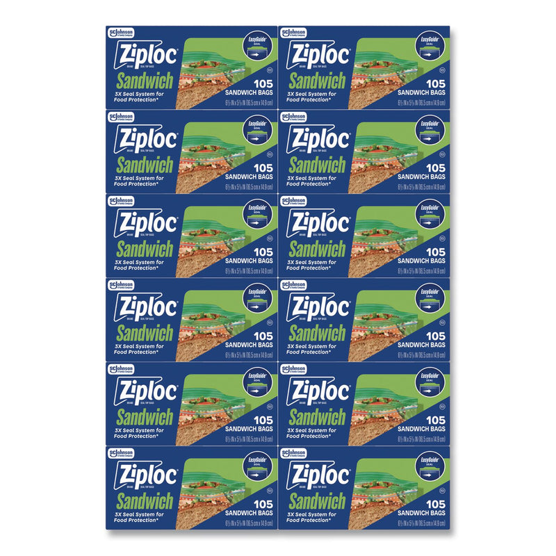 Ziploc® Resealable Sandwich Bags, 6.5" x 5.88", Clear, 105 Bags/Box, 12 Boxes/Carton (SJN383211) Case of 1260