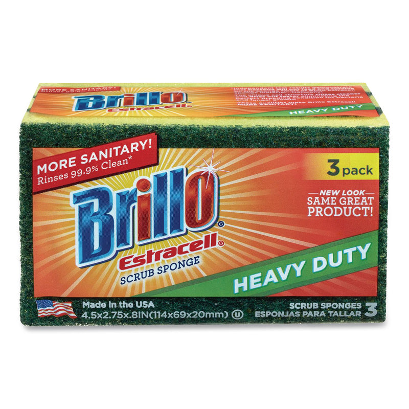 Brillo® Estracell Heavy Duty Scrub Sponge, 4.5 x 2.75, 0.8" Thick, Yellow/Green, 3 Sponges/Pack, 8 Packs/Carton (AMY21031) Case of 8