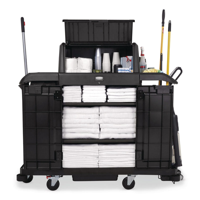 Rubbermaid® Commercial Housekeeping Cart with Hood and Doors, Plastic, 4 Shelves,1 Bin, 24.4 x 62.4 x 56.9, Black (RCP2202587) Each