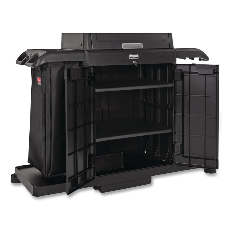 Rubbermaid® Commercial Housekeeping Cart with Hood and Doors, Plastic, 4 Shelves,1 Bin, 24.4 x 62.4 x 56.9, Black (RCP2202587) Each
