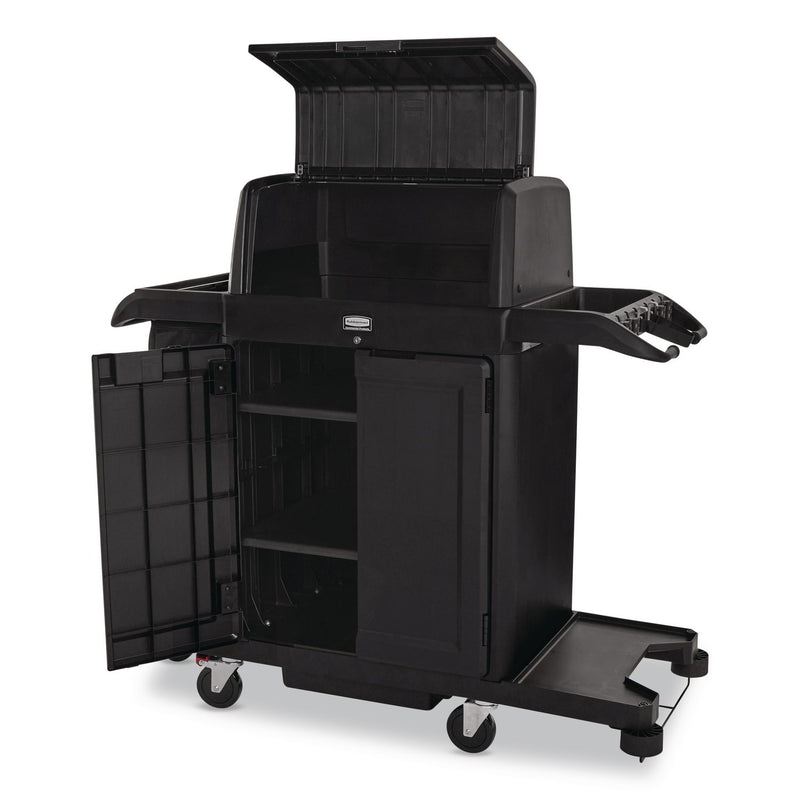 Rubbermaid® Commercial Housekeeping Cart with Hood and Doors, Plastic, 4 Shelves,1 Bin, 24.4 x 62.4 x 56.9, Black (RCP2202587) Each