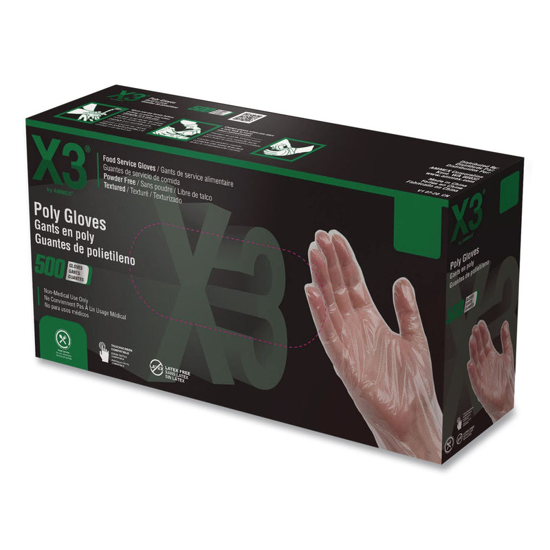 X3® by AMMEX® Poly Food Safe Industrial Gloves, Powder-Free, Medium, Clear, 500/Box (AXCPGLOVEM500) Box of 500