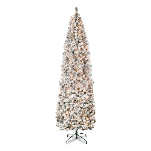 National Tree Company® Pre-Lit Acacia Flocked Slim Tree, 35" x 35" x 108", Green Tree, Green Tree Stand (NTTAC10030090F) Each