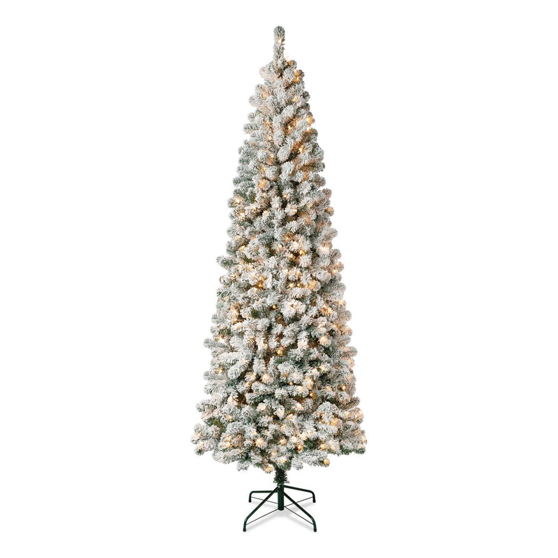 National Tree Company® Pre-Lit Acacia Medium Flocked Tree, 34" x 34" x 89", Green Tree, Green Tree Stand (NTTAC10030275F) Each