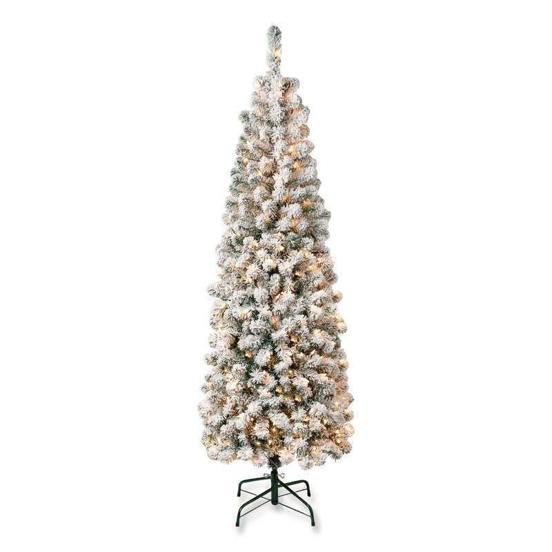 National Tree Company® Pre-Lit Acacia Flocked Slim Tree, 24" x 24" x 70.8", Green Tree, Green Tree Stand (NTTAC10030460F) Each