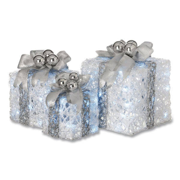National Tree Company® Pre-Lit Decorated White Gift Box Assortment, AC Powered, Cool White LED Lights, 8", 10", 12", White (NTTDF07004L) Each