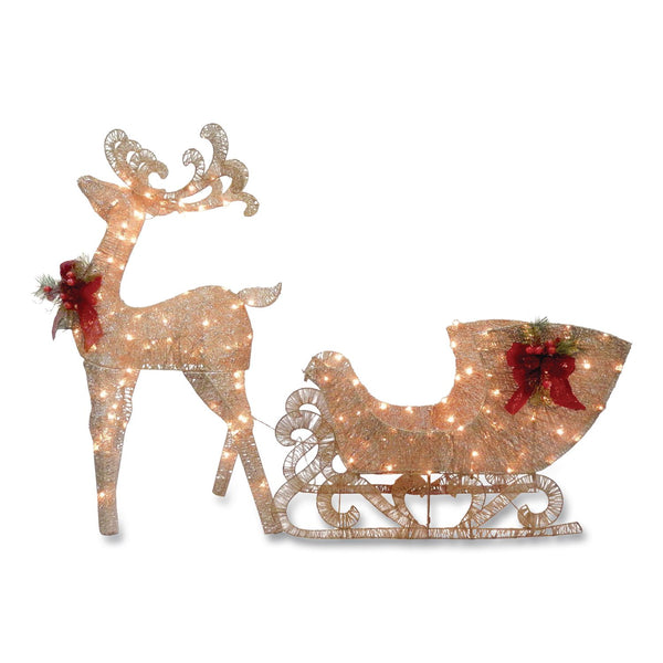 National Tree Company® Champagne Reindeer Pulling Sleigh, AC Power, Warm White LED Lights, 13.5" x 24" x 48" Reindeer, 13.5" x 38.5" x 24" Sleigh (NTTDF140009U) Each
