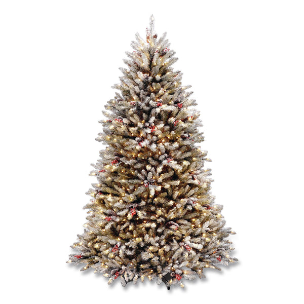 National Tree Company® Pre-Lit Dunhill Fir Snowy Tree, 53" x 53" x 78", Green Tree, Green Tree Stand (NTTDUF30065) Each