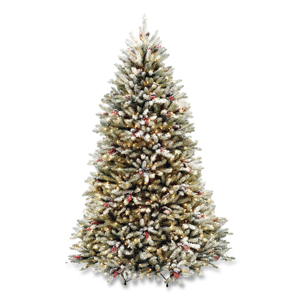 National Tree Company® Pre-Lit Dunhill Fir Snowy Tree, 59" x 59" x 90", Green Tree, Green Tree Stand (NTTDUF30075) Each