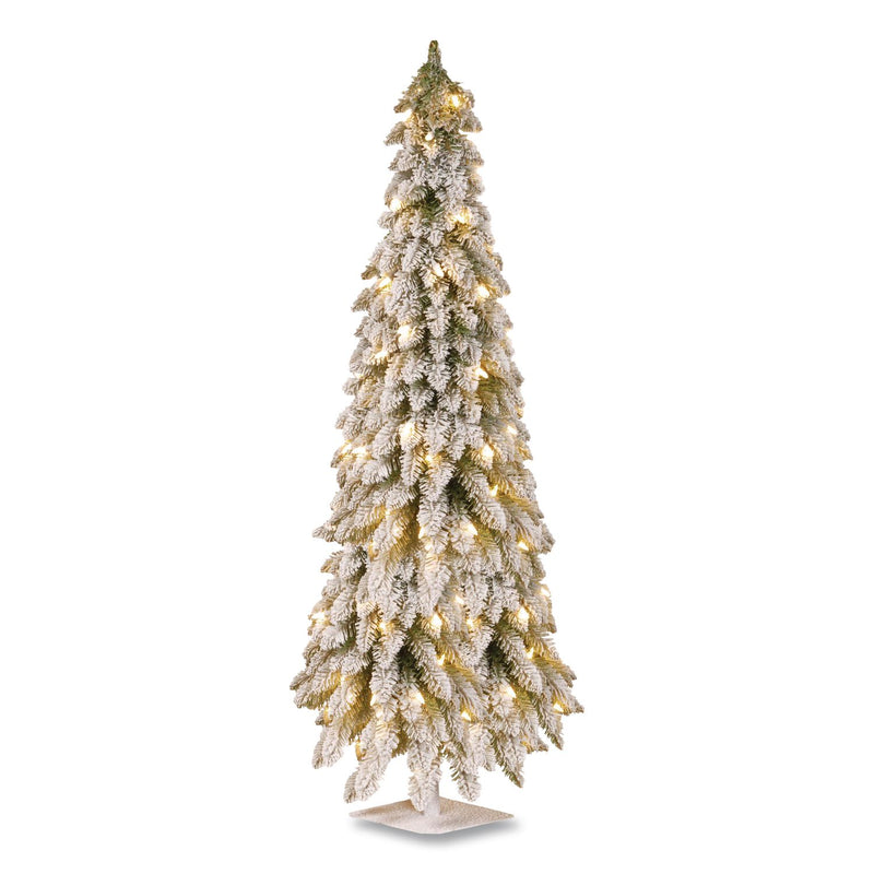 National Tree Company® Pre-Lit Snowy Downswept Forest Slim Tree, 19" x 19" x 60", Green Tree, White Square Metal Plate (NTTFTDF160ALO) Each