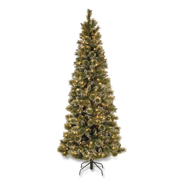 National Tree Company® Pre-Lit Glittery Bristle Slim Tree, 42" x 42" x 90", Green Tree, Green Tree Stand (NTTGB331975) Each