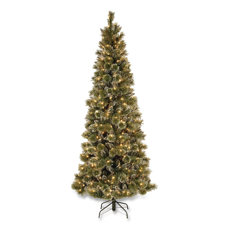 National Tree Company® Pre-Lit Glittery Bristle Slim Tree, 42" x 42" x 90", Green Tree, Green Tree Stand (NTTGB331975) Each