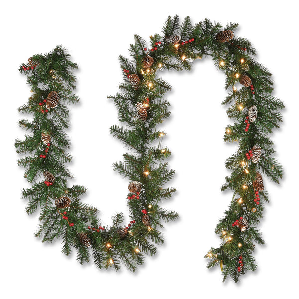 National Tree Company® Pre-Lit Glittery Mountain Spruce Garland, AC Powered, Clear Incandescent Lights, 108" Long, Green (NTTGLM13009A1) Each