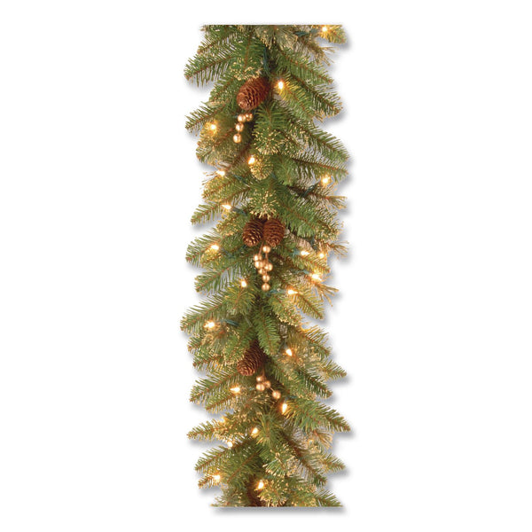 National Tree Company® Pre-Lit Glittery Pine Gold Garland, AC Powered, Clear Incandescent Lights, 108" Long, Green (NTTGPG33419A) Each