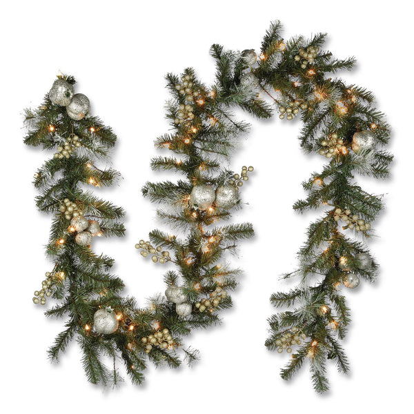 National Tree Company® Pre-Lit Glittery Pine Pomegranate Garland, AC Powered, Clear Incandescent Lights, 108" Long, Green (NTTGTP13029B1) Each