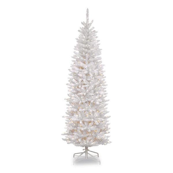National Tree Company® Pre-Lit Kingswood Fir Pencil Tree, 28" x 28" x 78", White Tree, White Tree Stand (NTTKWW730065) Each