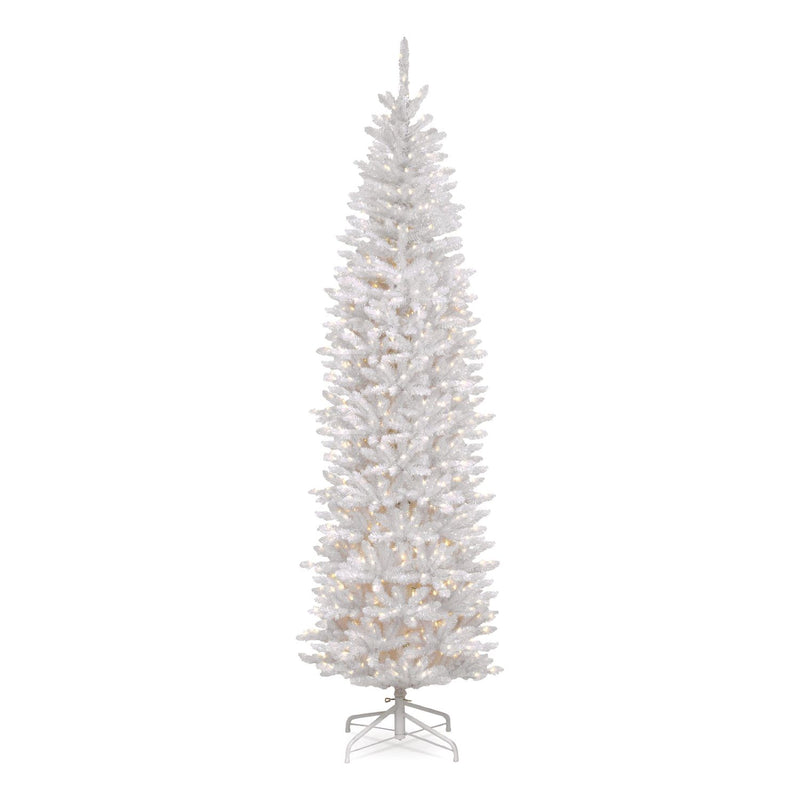National Tree Company® Pre-Lit Kingswood Fir Pencil Slim Tree, 35" x 35" x 108", White Tree, White Tree Stand (NTTKWW730090) Each