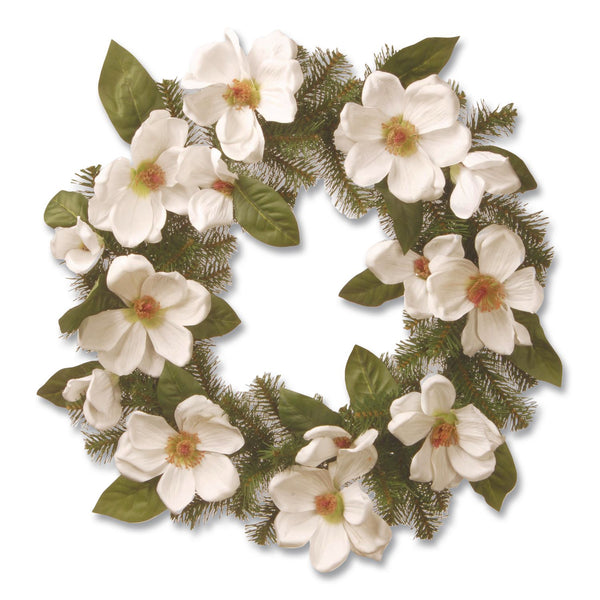 National Tree Company® North Valley Spruce Magnolia Wreath, 24" Diameter x 3.5"h, White (NTTNRV71324W) Each