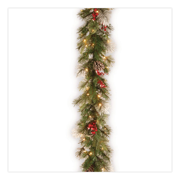 National Tree Company® Pre-Lit Wintry Pine Garland, AC Powered, Clear Incandescent Lights, 108" Long, Green (NTTPEWT3009B1) Each