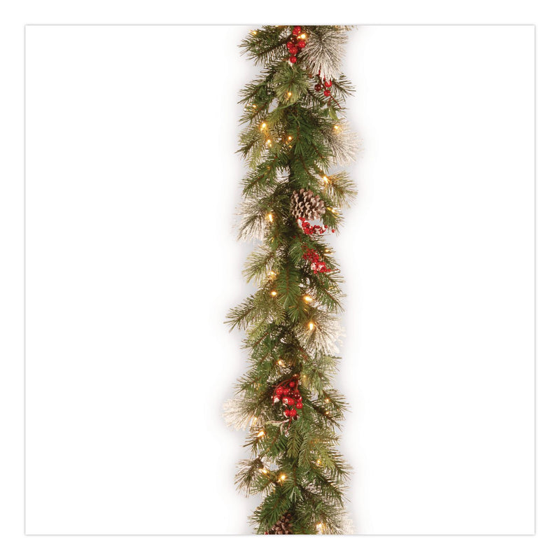 National Tree Company® Pre-Lit Wintry Pine Garland, AC Powered, Clear Incandescent Lights, 108" Long, Green (NTTPEWT3009B1) Each