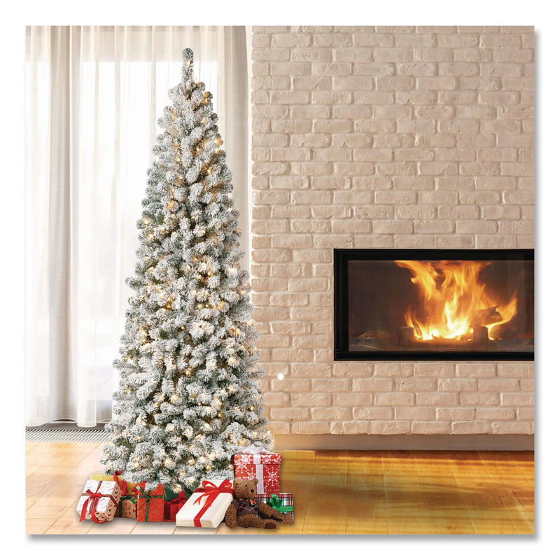 National Tree Company® Pre-Lit Acacia Medium Flocked Tree, 34" x 34" x 89", Green Tree, Green Tree Stand (NTTAC10030275F) Each