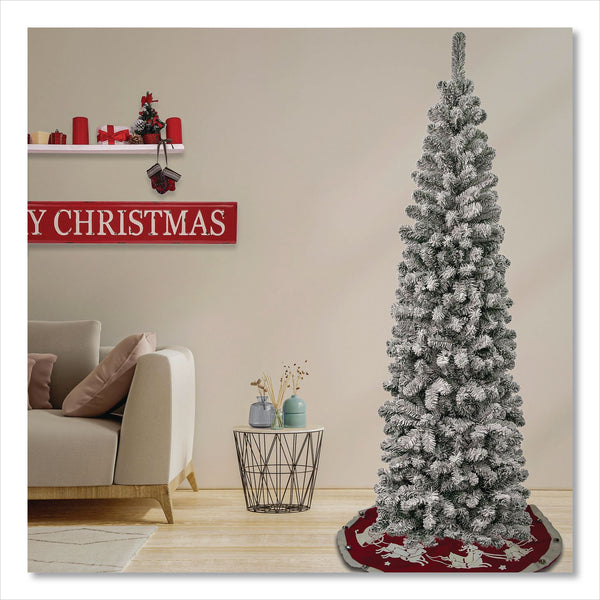 National Tree Company® Acacia Pencil Slim Flocked Tree, 26" x 26" x 88.5", Green Tree, Green Tree Stand (NTTAC10050475F) Each