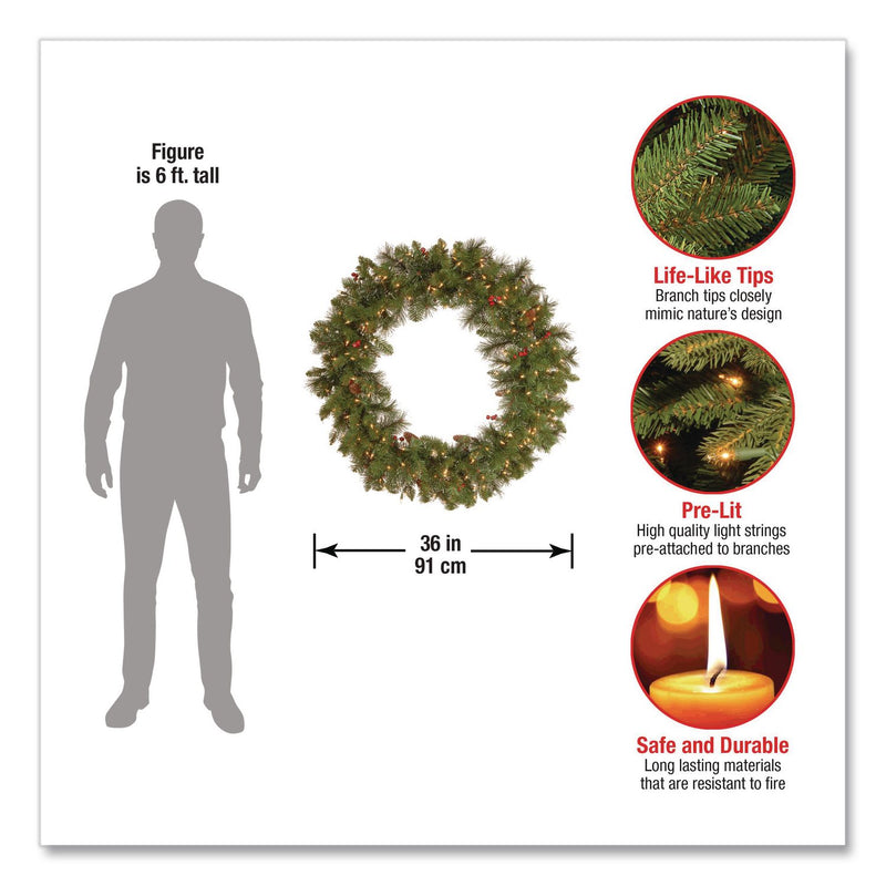 National Tree Company® Pre-Lit Crestwood Spruce Wreath, AC Powered, Clear Incandescent Lights, 36" Diameter x 5"h, Green (NTTCW730636W1) Each