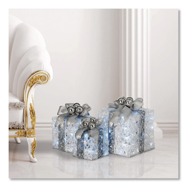 National Tree Company® Pre-Lit Decorated White Gift Box Assortment, AC Powered, Cool White LED Lights, 8", 10", 12", White (NTTDF07004L) Each