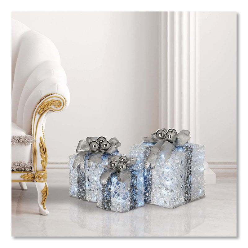 National Tree Company® Pre-Lit Decorated White Gift Box Assortment, AC Powered, Cool White LED Lights, 8", 10", 12", White (NTTDF07004L) Each