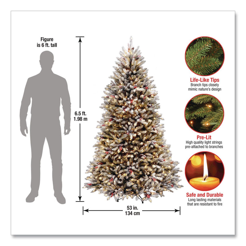 National Tree Company® Pre-Lit Dunhill Fir Snowy Tree, 53" x 53" x 78", Green Tree, Green Tree Stand (NTTDUF30065) Each