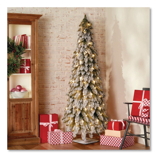 National Tree Company® Pre-Lit Snowy Downswept Forest Slim Tree, 19" x 19" x 60", Green Tree, White Square Metal Plate (NTTFTDF160ALO) Each