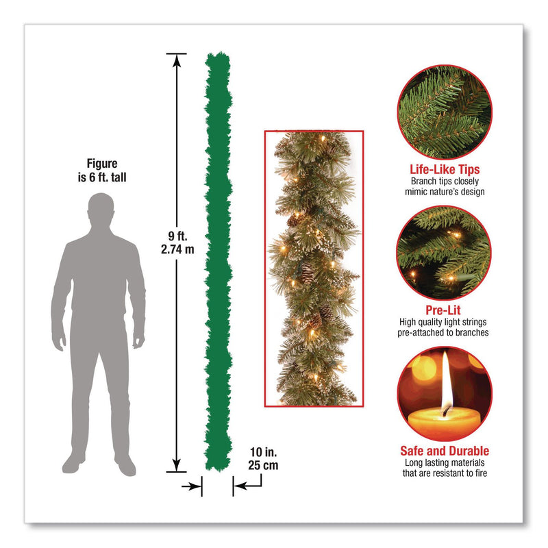 National Tree Company® Pre-Lit Glittery Bristle Pine Garland, AC Powered, Clear Incandescent Lights, 108" Long, Green (NTTGB33009A1) Each