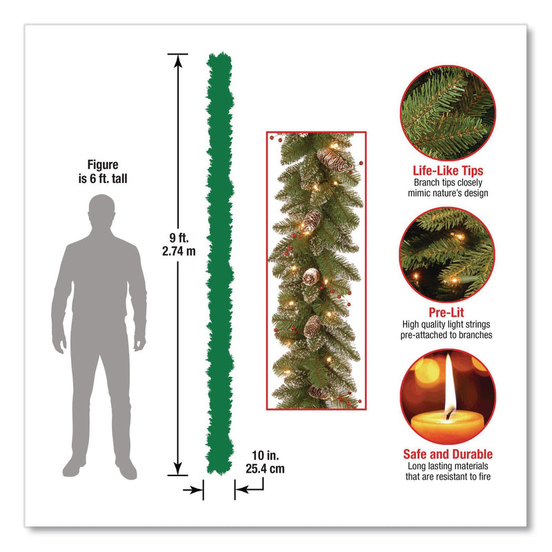 National Tree Company® Pre-Lit Glittery Mountain Spruce Garland, AC Powered, Clear Incandescent Lights, 108" Long, Green (NTTGLM13009A1) Each