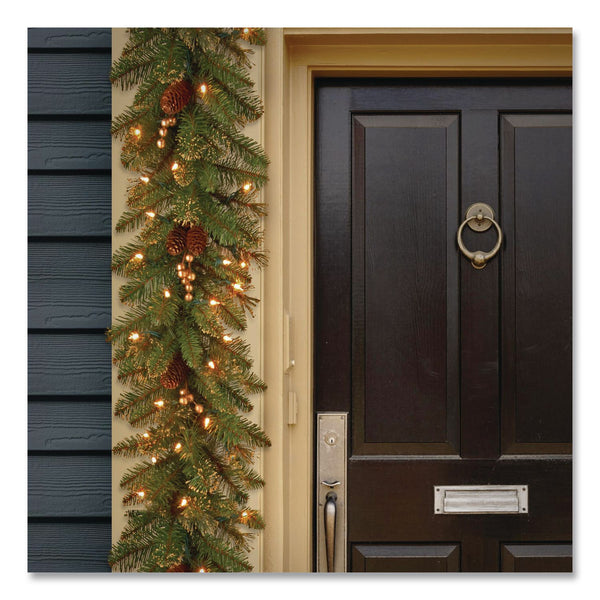 National Tree Company® Pre-Lit Glittery Pine Gold Garland, AC Powered, Clear Incandescent Lights, 108" Long, Green (NTTGPG33419A) Each