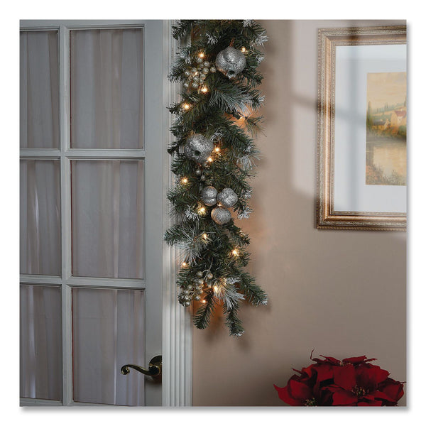 National Tree Company® Pre-Lit Glittery Pine Pomegranate Garland, AC Powered, Clear Incandescent Lights, 108" Long, Green (NTTGTP13029B1) Each