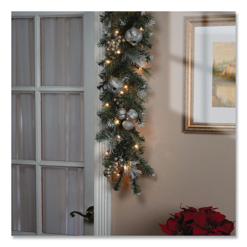 National Tree Company® Pre-Lit Glittery Pine Pomegranate Garland, AC Powered, Clear Incandescent Lights, 108" Long, Green (NTTGTP13029B1) Each