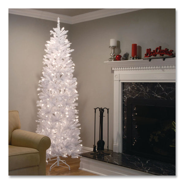 National Tree Company® Pre-Lit Kingswood Fir Pencil Slim Tree, 35" x 35" x 108", White Tree, White Tree Stand (NTTKWW730090) Each