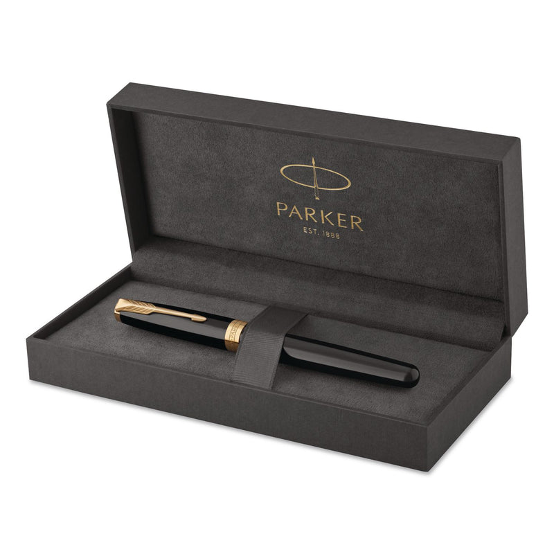 Parker® Sonnet Fountain Pen, with Gift Box, Medium 1 mm, Black Ink, Black/Gold Barrel (PAR1931495) Each