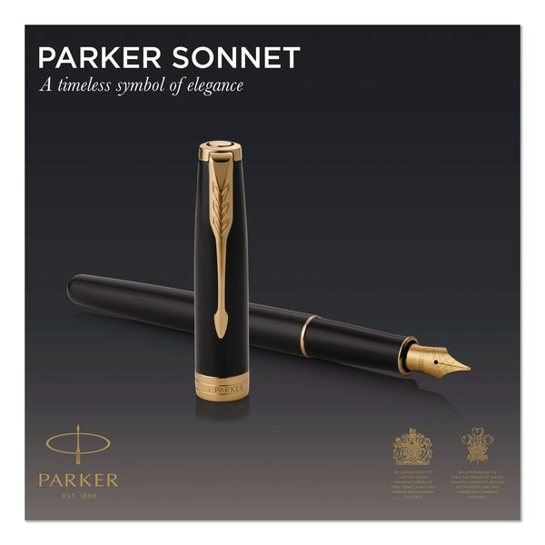 Parker® Sonnet Fountain Pen, with Gift Box, Medium 1 mm, Black Ink, Black/Gold Barrel (PAR1931495) Each