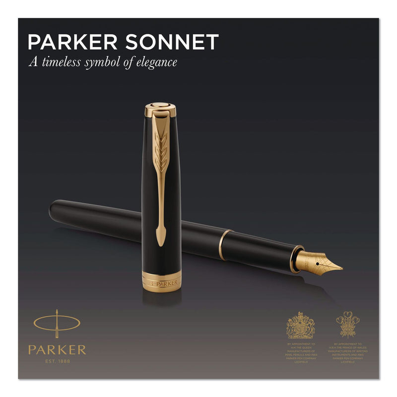 Parker® Sonnet Fountain Pen, with Gift Box, Medium 1 mm, Black Ink, Black/Gold Barrel (PAR1931495) Each